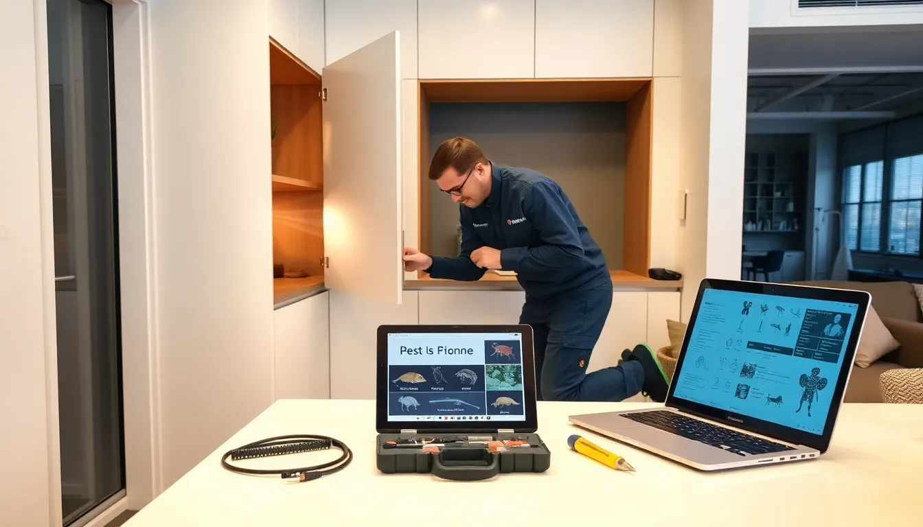 Pest control technician inspecting for pests in a modern Berlin apartment.