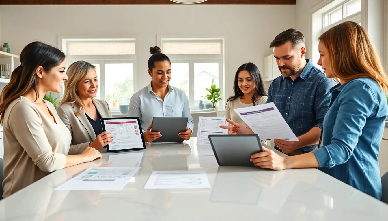 diverse homeowners discussing home maintenance plans in a modern kitchen.