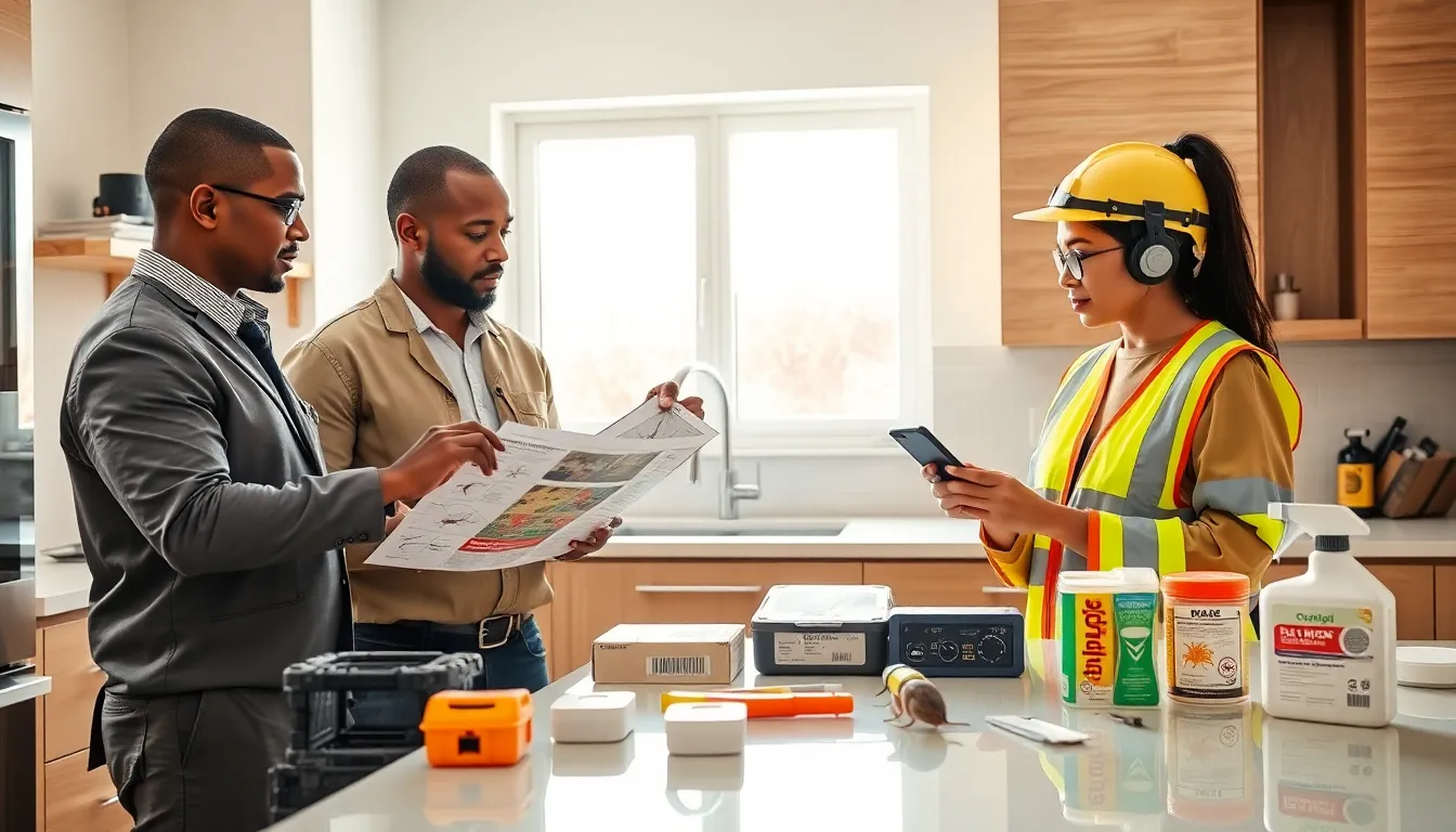 pest control experts consulting in a modern kitchen.