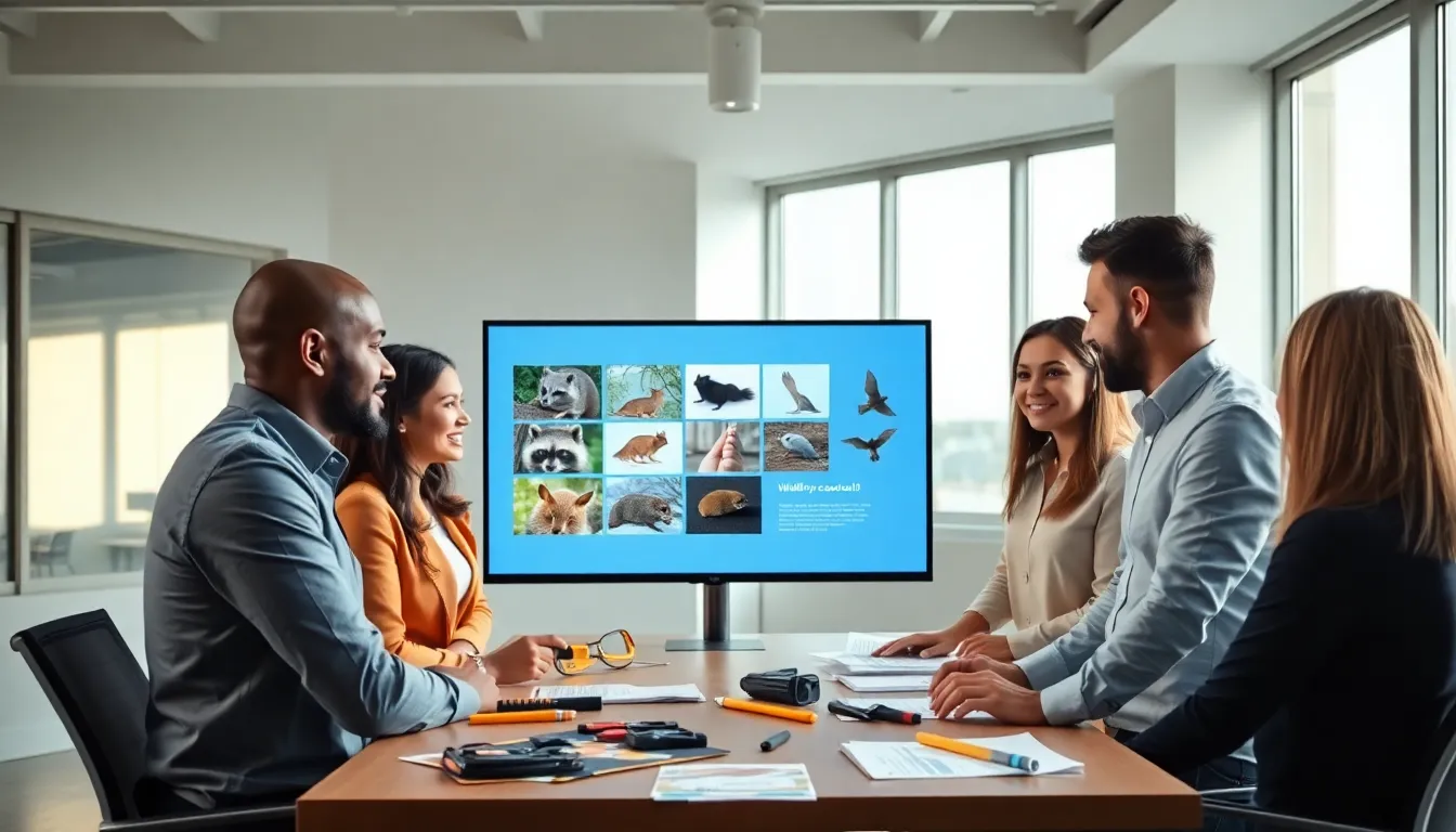 diverse pest control team discussing wildlife pests in a modern office.