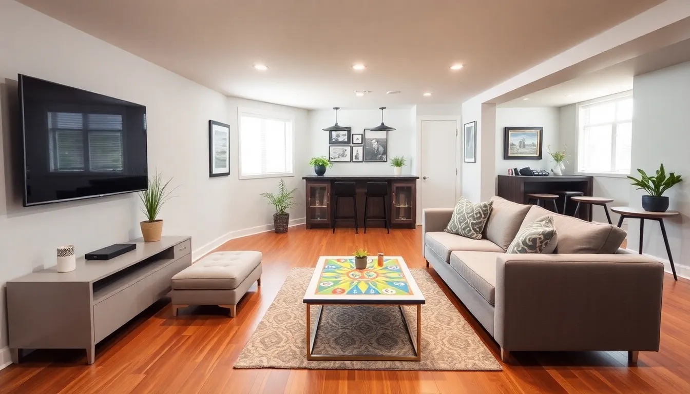 renovated basement transformed into a stylish game room.