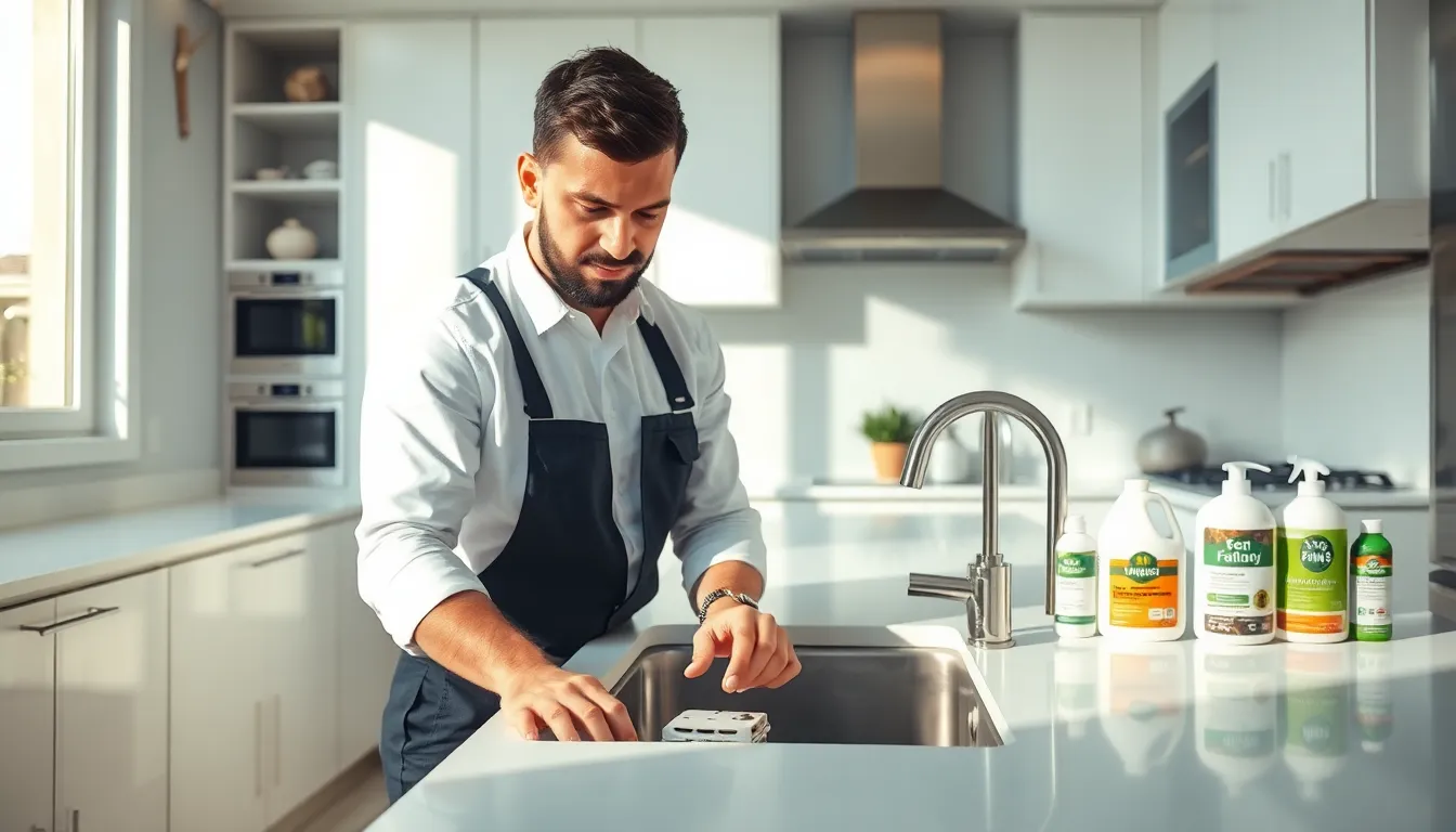 pest control technician setting a trap in a modern kitchen.